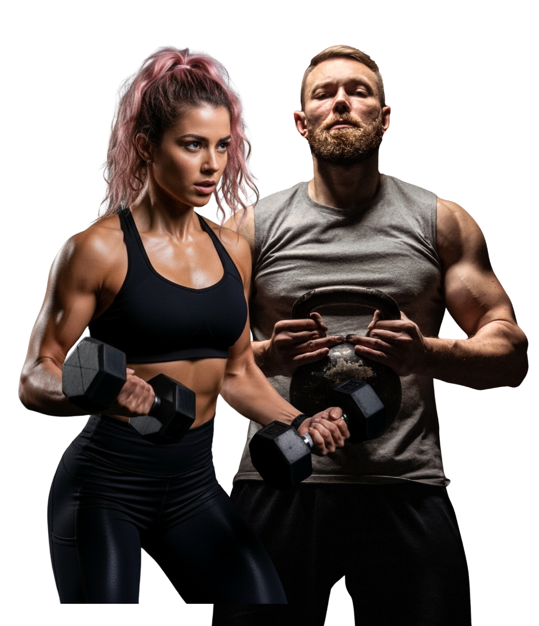Uma mulher e um homem treinando com halteres